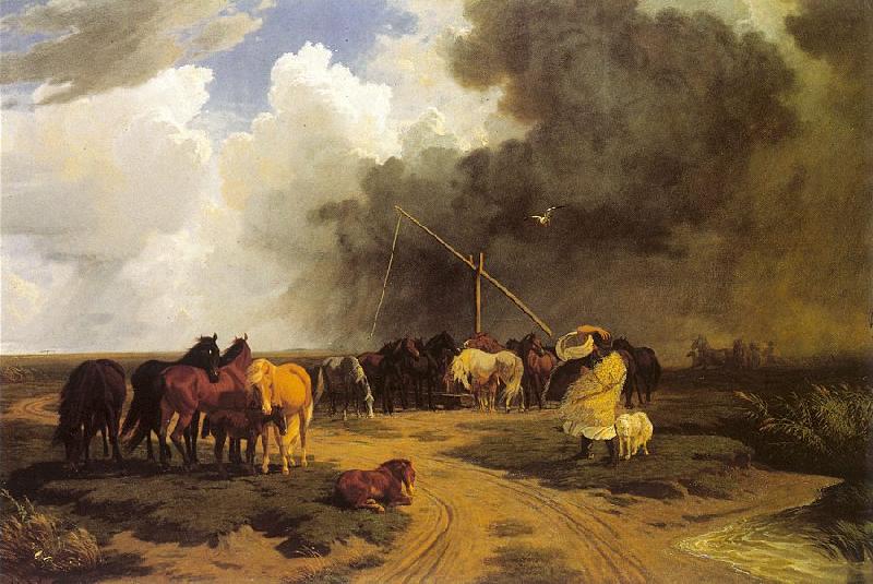 Lotz, Karoly Stud in a Thunderstorm oil painting image